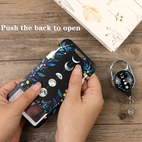 Lanyard Card Holder & Retractable Reel Clip for Nurse Teacher, Cute Moon Phase & Flower Lanyards for ID Badges - color: Moon Phase