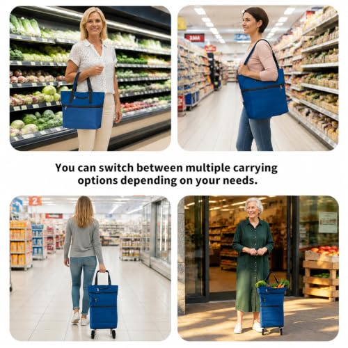 Collapsible Shopping Cart with 360° Swivel Wheels, Reusable Foldable Tote Grocery Cart for Travel Camping and Home - color: Lake Blue