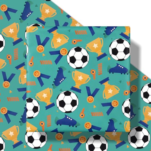 RUSPEPA Soccer Wrapping Paper Roll, Mini Roll, Football Trophy, Medal, Whistle & Cleats Design Gift Wrap Paper for Kids, Boys, Sports Fans, Team Celebration, Football Party, 17 Inches x 16.4 Feet - color: Soccer Trophy & Medal