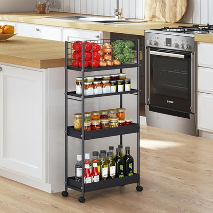 KINGRACK 4 Tier Slim Rolling Cart, Metal Utility Storage Cart with Wheels - color: Black, size: 4-Tier