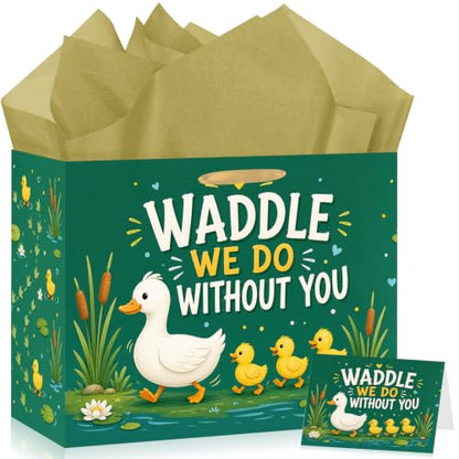 Hkshaoda Waddle We Do Without You Duck Gift Bag Set with Tissue Paper and Card, Large Farewell Party Favor Bags for Goodbye, Retirement, Graduation, Teacher Appreciation, Coworkers and Friends