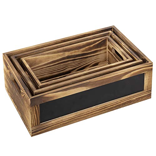 MyGift Rustic Burnt Wood Nesting Storage Bins with Chalkboard Panel and Cutout Handles, Decorative Farmhouse Wooden Stackable Open Top Boxes, 3 Piece Set