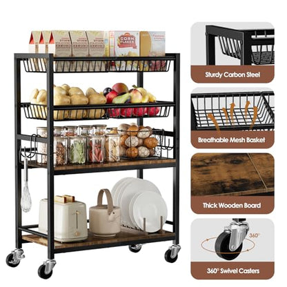 Fruit Vegetable Storage Cart, 4 Detachable Basket - color: Black, size: 4 Tier Cart(12 in)
