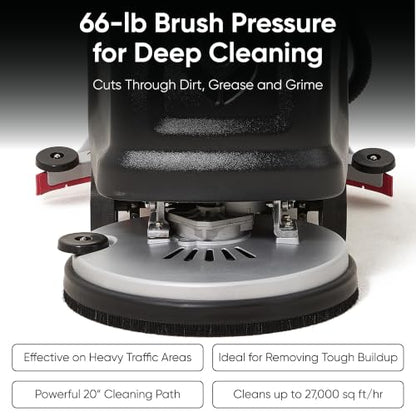 Battery Powered Walk-Behind Floor Scrubber Polisher Machine, 20" Cleaning Path, 14.5/17 Gal Tanks, Brush Speed 200RPM, 4Hr Runtime, Includes 2 Brushes & 3 Scouring Pads – 2-Year Warranty - size: 20" Manual