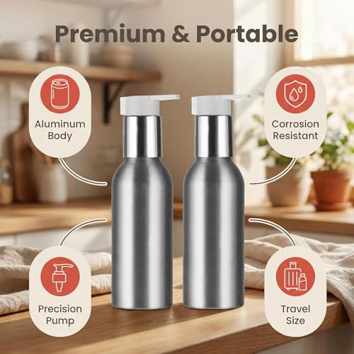 2 Pcs 120ml 4oz Aluminum Lotion Pump Bottle Soap Dispenser with White Pump Cream Pump Bottle Cosmetic Container Toiletries Bottle Vial Jar for Liquid Hand Soap Shampoo Essential Oil(Silver)