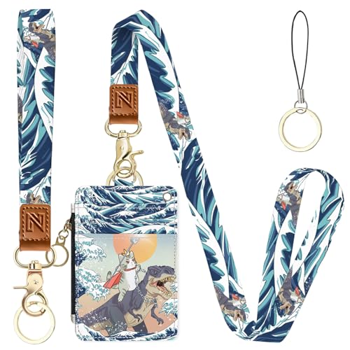 2-in-1 ID Badge Holder & Lanyard Wallet，Cute Zippered Pouch Dinosaur Cat - color: Funny Surfing Cat Riding Dinosaur