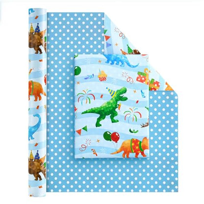 WERNNSAI Dinosaur Reversible Wrapping Paper Birthday Boy, 33 ft Blue Dino - color: Dinosaur C