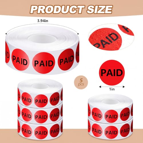 Zhanmai 5Roll 5000 Pcs 1" Paid Stickers Self Adhesive Label Fluorescent Red - color: Red