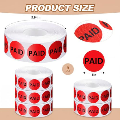 Zhanmai 5Roll 5000 Pcs 1" Paid Stickers Self Adhesive Label Fluorescent Red - color: Red