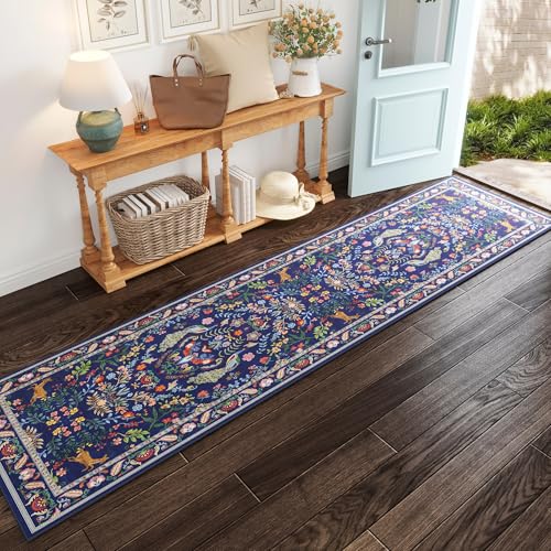 Rugcomf Runner Rug 2x6 Floral Washable Non Slip, Blue - color: Blue, size: 2' x 6' (Rectangular)