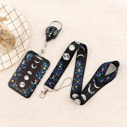 Lanyard Card Holder & Retractable Reel Clip for Nurse Teacher, Cute Moon Phase & Flower Lanyards for ID Badges - color: Moon Phase