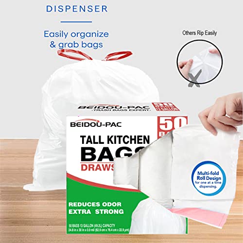 BEIDOU-PAC Trash Bags 13 Gallon Drawstring, 50 Count Garbage Bags, Tall Kitchen Trash Bags, Odorless & Extra Strength White Plastic Food Scrap Bag for Home Office Bathroom Kitchen Bins - style: 13 Gallon |50 Count