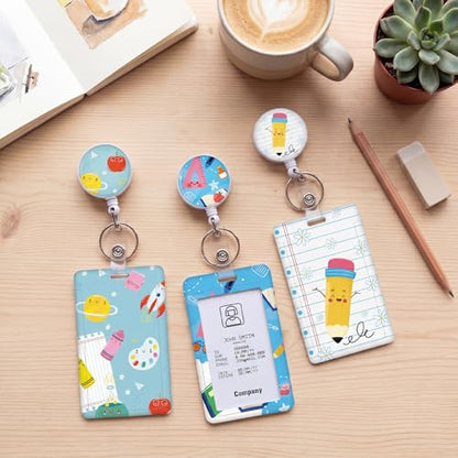 3 Pack Retractable Badge Holders with Clip Badge Reel Stationery Pattern - color: Stationery