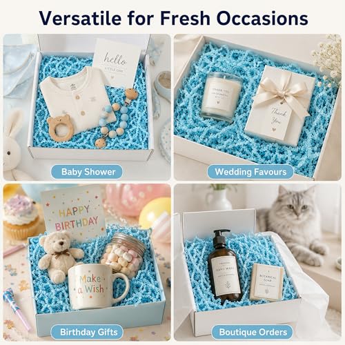 STRBOXONG Light Blue Crinkle Paper Filler 1 LB, Dust-Free Crinkle Cut Paper Shred for Baby Shower Gifts, Birthday Gift Boxes, Gift Baskets, Party Favors, DIY Crafts and Small Business Packaging - color: Light Blue