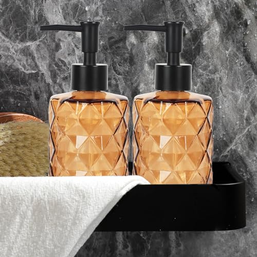 Brown Glass Soap Dispenser, 11 Oz/330ml Liquid Hand Soap Dispenser Set for Kitchen Sink and Bathroom, Dish Lotion Dispenser Set, Diamond Lotion Bottles with Black Pump&Funnel - color: Brown&black