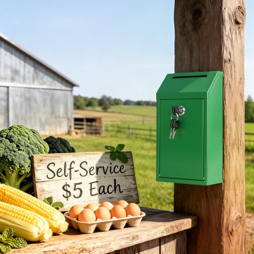 Sumerfnt Cash Box Wall Mount, Metal Money Drop Box with Lock and Slot, Money Collection for Farm Stand, Self-Serve, Tips, Fundraising, 10.24" x 5.7" x 2.95", 4 Keys, Green - color: Green