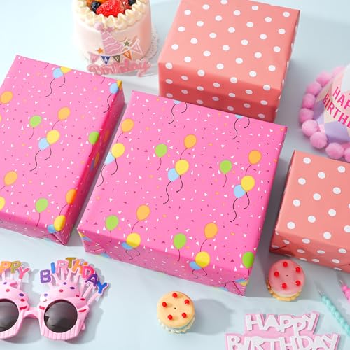 Ulmasinn Reversible Birthday Wrapping Paper Roll - 17" x 16.4 Ft, Double Sided Balloon & Polka Dot for Kids Gifts, Baby Shower, Party - color: Balloon & Pink Birthday