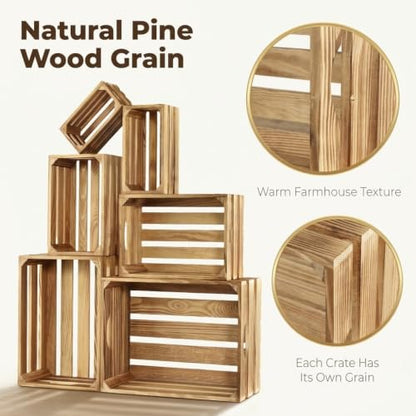Wooden Crates for Display 6 Pack, Rustic Nesting Wood Crates