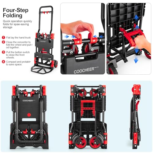 2 in 1 Folding Hand Truck, 330lbs Aluminum Portable Dolly Cart, Red - color: Red