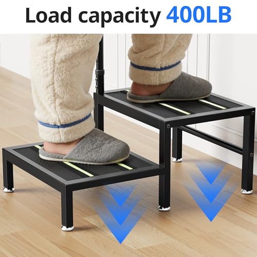 2 Step Stool with Handle, Heavy Duty Step Stool for Elderly and Adults, Adjustable Handrail with Non-Slip Platform, Bedside Steps for High Beds, Kitchen and Bathroom