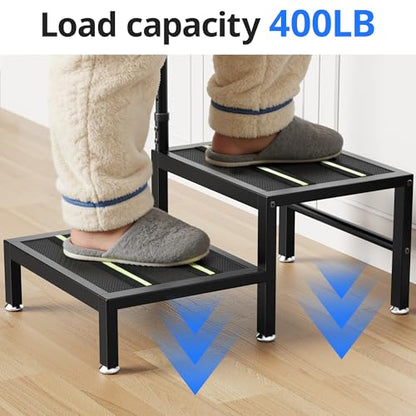 2 Step Stool with Handle, Heavy Duty Step Stool for Elderly and Adults, Adjustable Handrail with Non-Slip Platform, Bedside Steps for High Beds, Kitchen and Bathroom