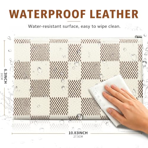 Money Bag with Zipper, Cute PU Leather Cash Bags, Portable Bank Bag Money Pouch for Cash, Coins, Checks, Receipts, Invoices Cosmetics Tools, Deposit Bag for Office Travel, Brown Checker - color: Brown Checker