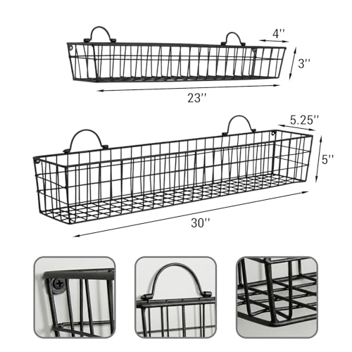 MyGift 2pcs 30-Inch Wire Baskets for Storage and Organization, Rustic Black Wall Mounted Metal Display Racks