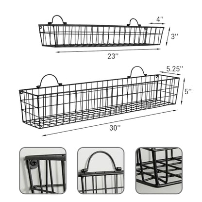 MyGift 2pcs 30-Inch Wire Baskets for Storage and Organization, Rustic Black Wall Mounted Metal Display Racks