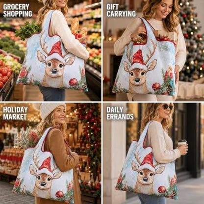 Foldable Grocery Tote Bag, Sunflower Print Shoulder Bag for Errands Travel - color: A3-christmas Reindeer