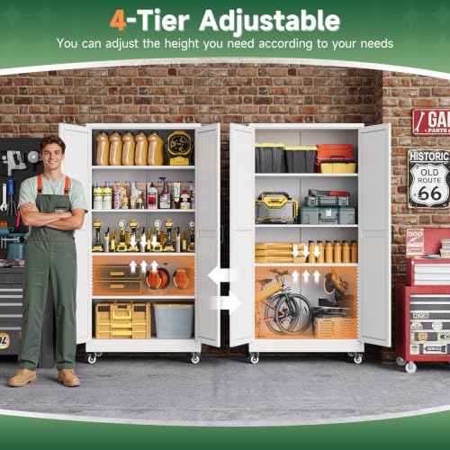 Letaya Metal Garage Storage Cabinet with Wheels,71" White Tool Steel Locker - color: White, size: 15.8”D x 32”W x 71”H