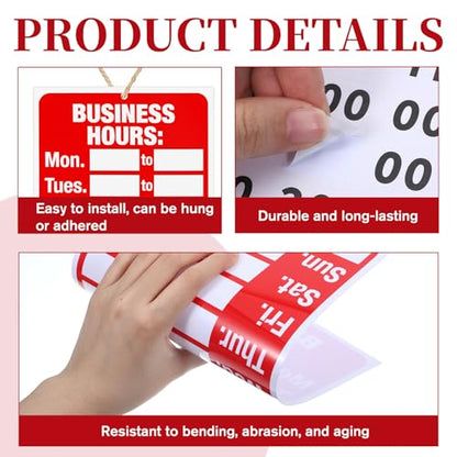 2 Set Business Hours Sign, Business Hours Sign Kit for Glass Door or Window with Matching Sticker, 11.81" X 7.87" Ideal Hour of Operation Signs for Businesses, Store or Office (Red and White)