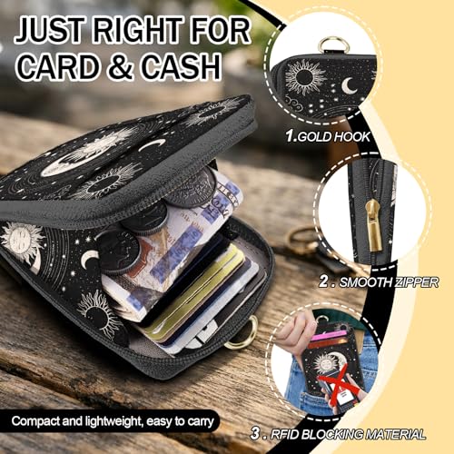 Daily Carry Roomy Leather Zipper Lanyard Wallet for Women, Adjustable Sun Moon Lanyard with ID Holder, RFID Badge Holder, 3 Clear Multiuse Cards, 2 Key Rings, 1 Phone Strap for Teacher Office - color: Sun and Moon