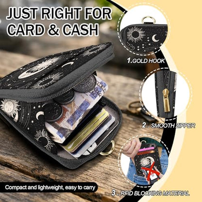 Daily Carry Roomy Leather Zipper Lanyard Wallet for Women, Adjustable Sun Moon Lanyard with ID Holder, RFID Badge Holder, 3 Clear Multiuse Cards, 2 Key Rings, 1 Phone Strap for Teacher Office - color: Sun and Moon