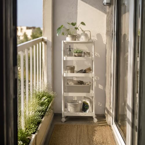 5 Tier Foldable Rolling Cart, Collapsible Storage Cart with Wheels - color: White, size: 4 Tier with Wooden Top