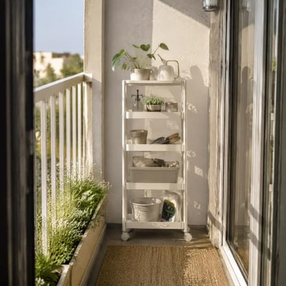 5 Tier Foldable Rolling Cart, Collapsible Storage Cart with Wheels - color: White, size: 4 Tier with Wooden Top
