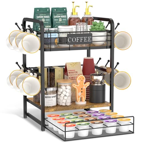 EsLuker.ly Coffee Bar Organizer Station Shelf Mug Holder, with 12 Hooks - color: Wood Brown+Black