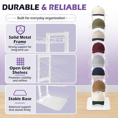 8 Tier Hat Display, Metal Hat Rack Stand Up to 70 Caps for Multiple Hats, Hats Display, White