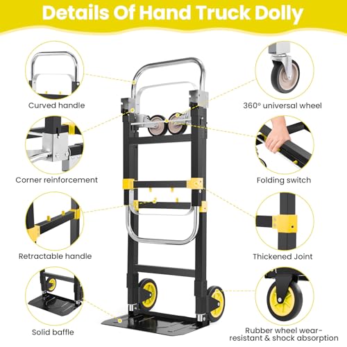 3-in-1 Folding Hand Truck, 600lb Convertible 4 to2 Wheel Dolly Cart Yellow - color: Yellow-1