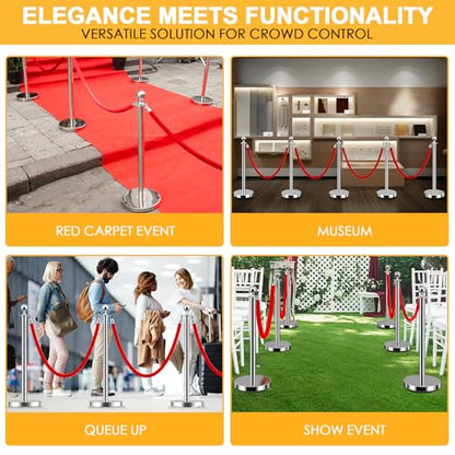 LOVMOR Crowd Control Stanchion, 12Pcs Silver Stanchion Posts Queue with 8pcs 5 ft/1.5 m Red Velvet Rope, Rope Barriers Crowd Control Barriers Queue Line for Hotel Theater Party Supplies - color: Silver-12pack