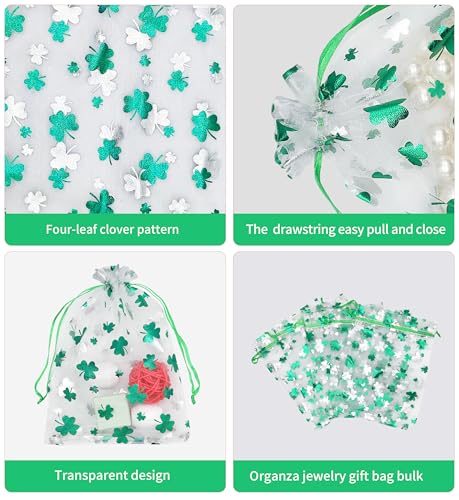 Jexila 50PCS St.Patrick's Day Organza Gift Bags Shamrock Clover Drawstring Goodie Treat Bag St.Patrick's Party Favors for Kids Classroom - color: Green