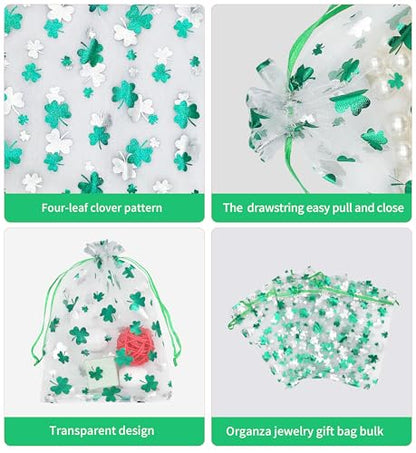 Jexila 50PCS St.Patrick's Day Organza Gift Bags Shamrock Clover Drawstring Goodie Treat Bag St.Patrick's Party Favors for Kids Classroom - color: Green