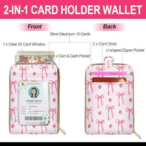 Cute Pink Bow Strawberry Lanyard Wallet with Id Holder, Credit Card Holder Small Wallet with Keychain Zipper Coin Pocket, RFID Blocking ID Badge Holder,Travel Card Case for Women Teacher Student Gifts - color: Pink Bow Strawberry