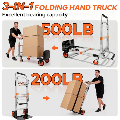 Folding Hand Truck Dolly Cart with Wheels, 500lb Load,Silver Orange - color: Silver+orange