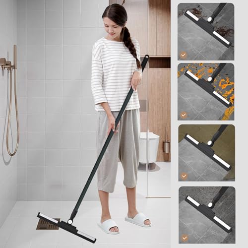 Squeegee Broom for Floor Shower Squeegee with Long Handle Rubber Wiper for Bathroom Tile Shower Glass Car Window Deck Patio Cleaning (Black)