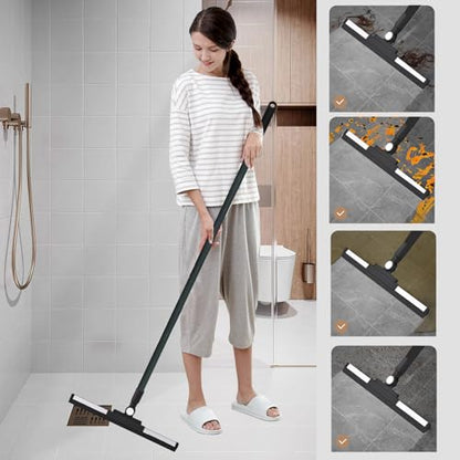 Squeegee Broom for Floor Shower Squeegee with Long Handle Rubber Wiper for Bathroom Tile Shower Glass Car Window Deck Patio Cleaning (Black)