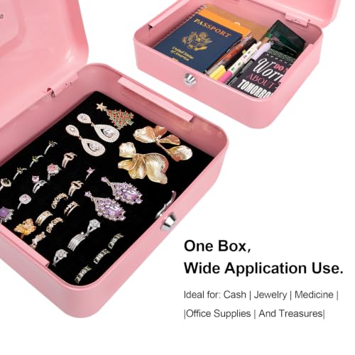 Jssmst Cash Box with Tray - Pink Money Box with Key Lock, Money Saving Box Lock Box, 9.84'' x 7.87'' x 2.6'', SM-CB00125PK - color: Pink, size: L(9.84")