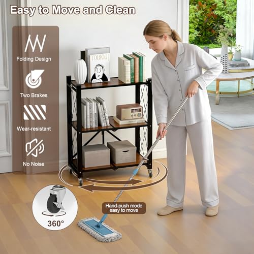 3 Tier Folding Shelf with Wheels, Wood and Metal Bookshelf - color: Brown Wooden, size: 3 Tier
