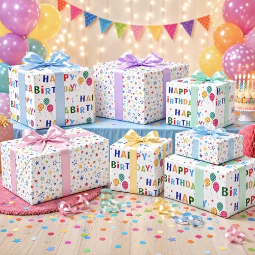 Ulmasinn Birthday Wrapping Paper Roll, Reversible Happy Birthday & Colorful Stars Design, Thick 80gsm Gift Wrap Paper, 17" x 33' Mini Roll for Kids, Teens and Adults, Birthday Gifts, Toys, Books and Party Presents - color: Birthday white