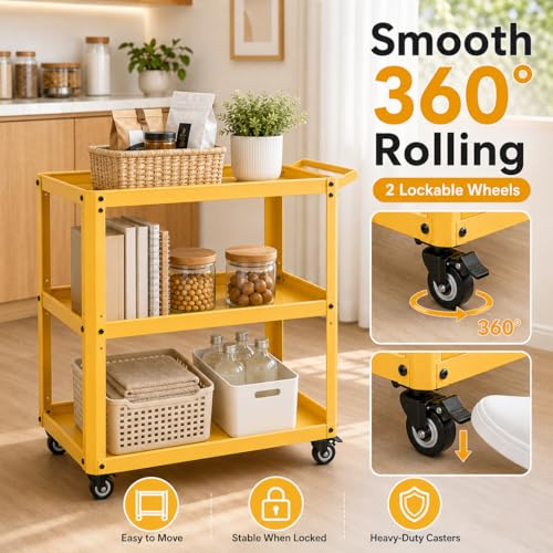 3 Tier Metal Utility Rolling Cart with Wheels, Yellow - color: Yellow