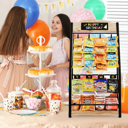 Pinzoveco Chip Rack Display Stand, 4 Tiers 20 Clips Snack Organizer, 4 Hanger Strips Hooks Snack Candy Countertop Organizer Snack Holder, Portable Retail Display Shelf for Store, Kitchen, Party